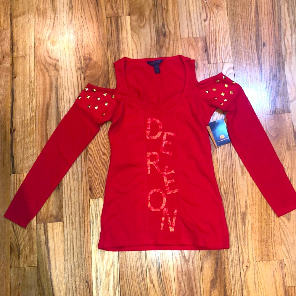 NEW RED Dereon Beyonce  Y2K Mesh Sleeve Cut out  Stud shoulder long sleeve Top L